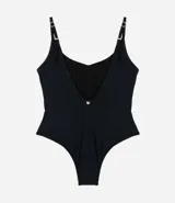 Malla enteriza marrón con breteles finos y escote redondo.