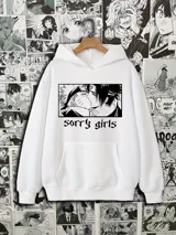 Canguro blanco de felpa con capucha y bolsillo delantero. Estampado en el frente con imagen de Naruto y Sasuke besándose y la frase "Sorry girls".