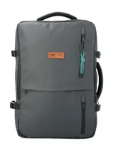 Mochila maletín gris RKF de poliéster reciclado repelente al agua, con tres compartimientos independientes con cierre, espacio para laptop de 15 pulgadas, triple bolsillo frontal, mango lateral, correas ajustables y broches laterales.