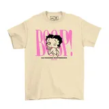 Remera beige de algodón con estampa frontal de Betty Boop y la palabra 'BOOP!' en color rosado, acompañada de texto en negro y detalles en fucsia.