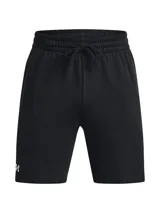 Short deportivo Under Armour de la línea Rival Fleece, color negro, confeccionado en mezcla de algodón con interior cepillado. Presenta cintura elástica con cordón ajustable, bolsillos laterales y logo de la marca en la pierna.