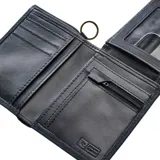 Billetera azul de cuero sintético con costuras a tono y logo de la marca en la esquina inferior derecha.