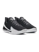 Championes de básquet Under Armour Curry 12 WMDE, color negro con suela blanca y detalles grises. Cuentan con amortiguación UA Flow de doble densidad y parte superior de malla transpirable.