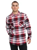 Camisa de manga larga con estampado de cuadros en tonos rojos, blancos y azul marino. Presenta cuello clásico, cierre frontal con botones, dos bolsillos en el pecho con solapa y puños ajustables.