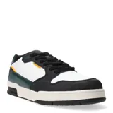Championes urbanos N+ modelo Jutai, con diseño acordonado en combinación de colores blanco, negro y verde oscuro. Presentan suela de goma con plataforma y detalle de etiqueta naranja en el lateral.