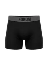 Boxer de hombre color negro, corte boxer corto, con elástico ancho en la cintura de color gris oscuro con la marca "FORUM" estampada en color negro.