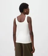 Musculosa básica de canalé azul marino, con escote redondo amplio y breteles anchos, de corte ajustado al cuerpo.