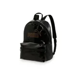 Mochila Puma negra de charol con logo dorado.