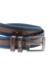 Cinto de yute color arena con detalles de cuero marrón y hebilla metálica gris oscuro.