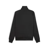 Campera deportiva Puma modelo ESS T7, color negro con franjas blancas en las mangas. Presenta cuello alto, cierre frontal completo y logo de la marca bordado en el pecho.