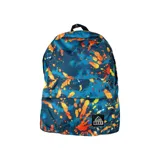 Mochila Reef con estampado de manchas de pintura en tonos naranja y amarillo sobre fondo azul.