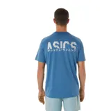 Remera deportiva Asics negra de manga corta, con logo blanco en el pecho y estampado con la leyenda "Asics Running" en caracteres japoneses Katakana.