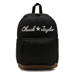 Mochila negra con base marrón, logo de Converse Chuck Taylor en blanco, compartimento principal con cierre, bolsillo frontal con cierre y correas ajustables para los hombros.