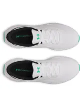 Championes de running Under Armour Ascend, color blanco con detalles en negro y verde. Presentan una entresuela blanca con salpicaduras rosadas y suela verde, confeccionados en malla transpirable con refuerzos en el mediopié.