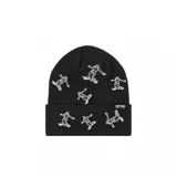 Gorro de lana negro con diseño bordado de skaters en blanco y etiqueta con el logo de Thrasher en el borde.