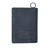 Billetera azul de cuero sintético con costuras a tono y logo de la marca en la esquina inferior derecha.