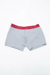 Boxer gris con cintura elástica roja con la palabra 'UNIFORM' repetida en gris.