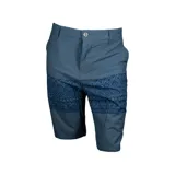 Bermuda azul con estampado geométrico en la parte inferior.