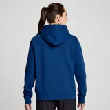 Canguro azul con capucha y cordones ajustables, bolsillo tipo canguro y logo de Saucony estampado en blanco en el pecho.