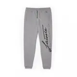 Pantalón de jogging gris con cordón ajustable en la cintura, bolsillos laterales y logo de la marca estampado en la pierna derecha.