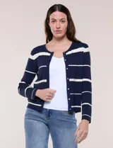 Cardigan de punto fino Elie Tahari con diseño a rayas horizontales en color negro y blanco, escote redondo, cierre frontal de botones y mangas largas.