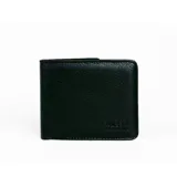 Billetera negra de cuero sintético con logo de la marca Rusty Worldwide en la esquina inferior derecha.