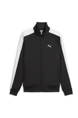 Campera Puma modelo T7 Track Jacket 692462, de color beige con franjas blancas en las mangas y cuello alto. Cuenta con cierre frontal completo y bolsillos laterales.