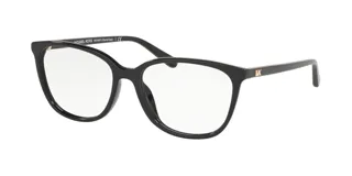 Armazón para anteojos Michael Kors modelo 4067U, color negro, de forma rectangular con el logo de la marca en dorado en las patillas.