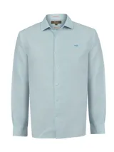 Camisa de manga larga RKF modelo Linenit de color celeste, confeccionada en lino. Cuenta con cuello camisero clásico, cierre frontal con botones y bordado del logo de la marca en el pecho.