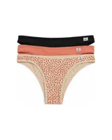 Pack de tres vedetinas de lycra, una de color negro, una terracota y otra con estampado animal print en tonos beige y terracota. Todas cuentan con una pequeña etiqueta con el logo de la marca en la cintura.