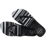 Ojotas Havaianas Top Basic con base a rayas horizontales en blanco, gris y negro, y tiras negras.
