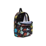 Mochila Vans modelo Old Skool, edición especial de la colaboración con Sesame Street. Diseño con estampado de flores y personajes de Plaza Sésamo sobre un fondo a cuadros en tonos grises. Cuenta con un compartimento principal con cierre, un bolsillo frontal con cierre y correas acolchadas ajustables.