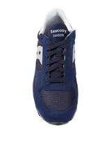 Championes Saucony modelo Shadow Original, color azul marino con detalles en gris y blanco. Presentan una combinación de materiales en gamuza y malla, con suela de goma y diseño clásico de running retro.