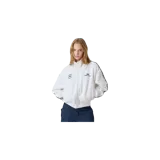 Campera deportiva Eme Studios modelo Cove Pearl Track Full Zip, de color blanco, con cierre frontal completo y cuello alto. Presenta bandas laterales estampadas en las mangas y detalles de la marca bordados en el pecho.