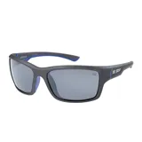 Lentes de sol Caterpillar con armazón envolvente de color gris mate y detalles en azul en el interior de las patillas y puente nasal. Presenta logo de la marca en el lente y en las patillas.