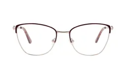 Armazón de metal color plateado con borde superior violeta, de forma cat eye.