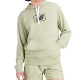 Buzo con capucha color verde claro, con cordones blancos y logo de New Balance estampado en el pecho.
