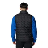 Chaleco acolchado de plumón Columbia, color negro, con cierre frontal completo, cuello alto y bolsillos laterales con cierre. Presenta tecnología HeatSeal™ de construcción sellada térmicamente y forro termorreflectante Omni-Heat™.