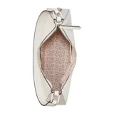 Cartera Guess modelo Layla de diseño tipo hobo en color blanco, confeccionada en material sintético con detalles y bordes en negro. Cuenta con cierre superior, una manija de hombro y dijes colgantes decorativos con forma de llaves.