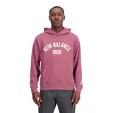 Canguro New Balance Essentials Varsity Fleece color rosa con capucha, hombros caídos, puños y bajo elástico, y logo estampado en el pecho.