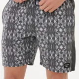 Short de baño Rip Curl Sideways negro con estampado geométrico en blanco y gris.