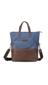 Cartera tipo tote bag combinada en tela canvas gris y detalles en cuero sintético color suela. Cuenta con doble asa de mano, correa larga ajustable y extraíble, cierre superior y bolsillo frontal. Incluye compartimento interno para notebook.