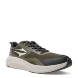 Championes urbanos Topper modelo Drive 2, color verde oliva con detalles en negro y gris. Presentan una combinación de malla transpirable y refuerzos sintéticos, con el logo de la marca en el lateral y una entresuela robusta de color beige.