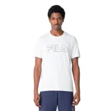Remera blanca de mangas cortas con logo de Fila en el pecho, delineado en negro y rosa.