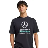 Remera negra Adidas de manga corta con cuello redondo, con el logo de Mercedes-Benz y los emblemas de AMG Petronas Formula 1 Team estampados en el frente.