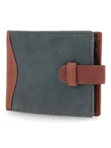 Billetera Terrano de diseño clásico, confeccionada en nobuck gris con detalles en cuero marrón. Cuenta con presilla de cierre, lomo e interior en cuero premium, y múltiples compartimentos para organizar tarjetas, billetes y documentos.