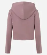 Campera corta con capucha fija, cierre frontal con cremallera y mangas largas, confeccionada en tejido modal con acabado satinado.