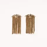 Aros colgantes dorados con forma de pájaro y flecos de cadenas.