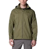 Campera impermeable Columbia modelo Glennaker Lake Jkt Omni-Shield, color verde militar, con cierre frontal, capucha ajustable que se guarda en el cuello, bolsillos con cremallera y puños ajustables con velcro.