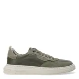 Championes urbanos Democrata modelo Triada, color gris, confeccionados en una combinación de cuero liso y gamuza. Presentan cierre con cordones, suela de goma texturizada en tono crema y logo de la marca grabado en el lateral y en la suela.